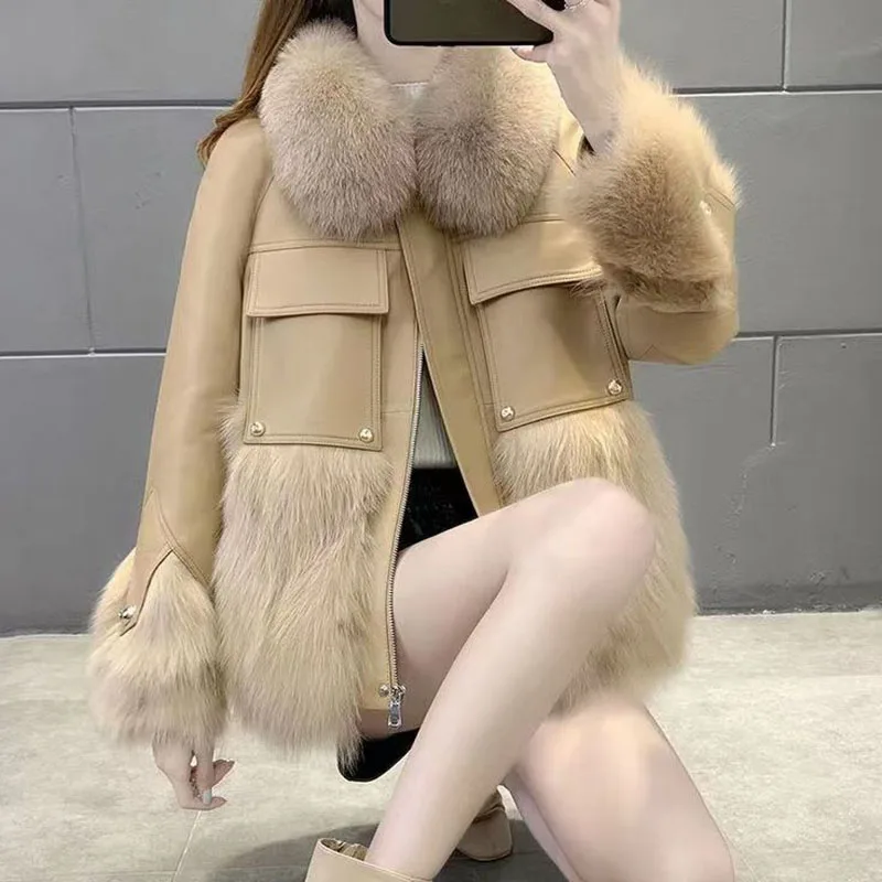 

Imitation Fur Coat Women's Fashion Winter New PU Leather Splice Faux Fox Hair Fashion Korean Version Thickened Coat