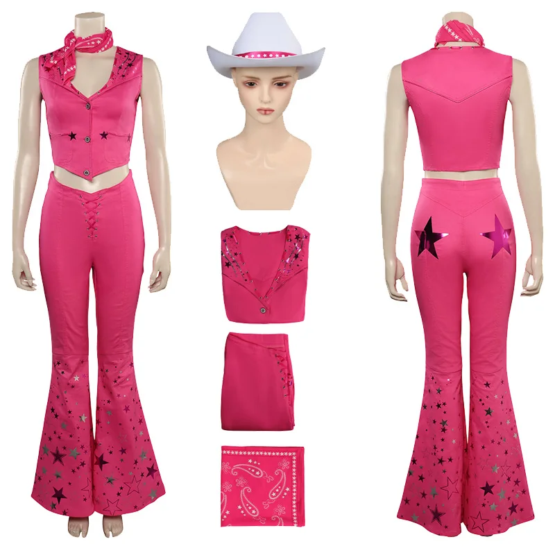 

Margot Cosplay Costume Vest Pants White Cowboy Hat Cap Ken Roleplay Hat Outfits Men Women Fantasia Halloween Carnival Party Suit