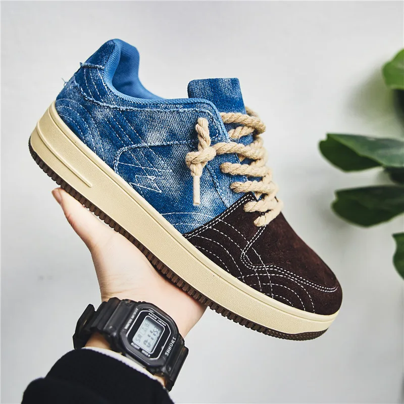 Brand Breathable Men's Casual Shoes Washed Denim Trendy Shoes Fashion Retro Low Cut Lace-up Men Designer Shoes Men Sneakers