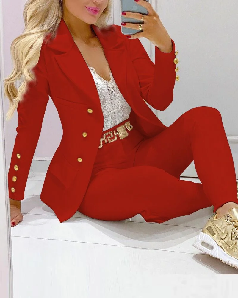 Two Piece Set Indie Single Breasting Blazer Suit Women Fashion Solid Blazer High Waist Leggings Casual Suit Club Party Suits