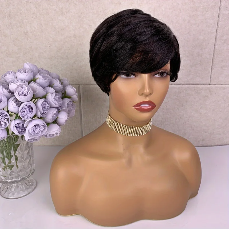 Pixie Cut Wig With Bangs Short Straight Mixed Color Remy Brazilian Human Hair Full Machine Made wig human hair wigs
