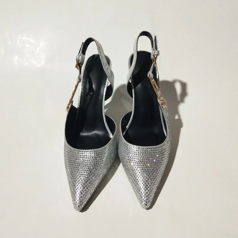 2023 Summer New Silk Rhinestone Belt Buckle Back Hollow Pointed Thin Heel Baotou Sandals Women's High Heels Banquet Shoes