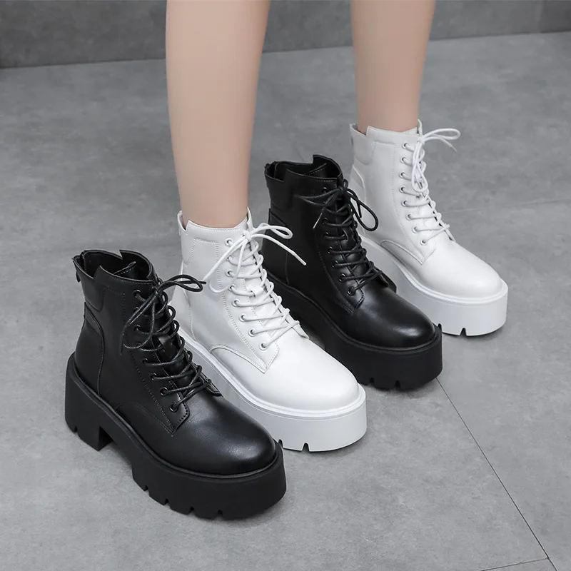 Black PU Leather Boots Women New Spring Autumn Round Toe Lace Up Shoes Woman Motorcycle Platform Boots Ladies Western Boots