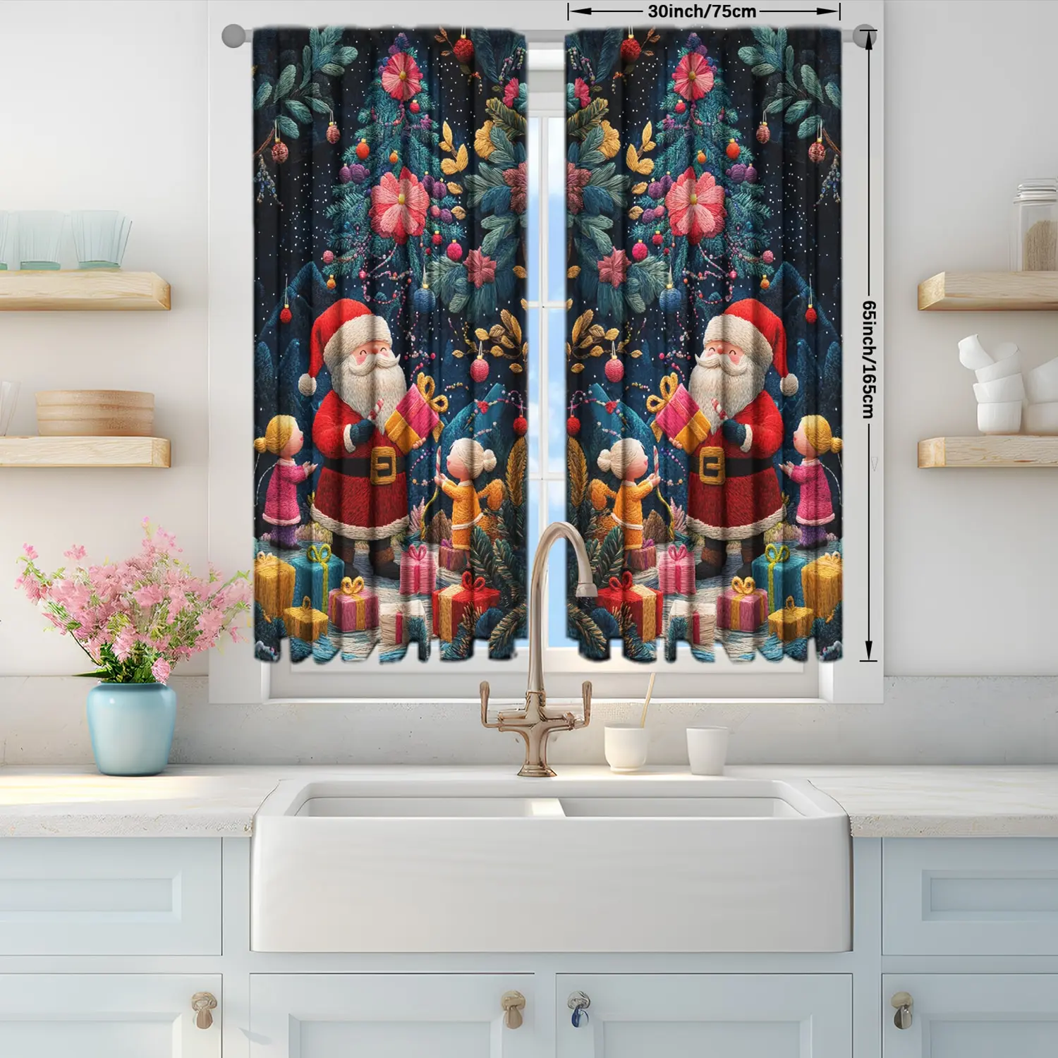 Description Picture 5 of item2pcs Mbroidered Santa Claus Gives Gifts Printed Curtain for Christmas Home Decor-Rod Pocket Window Treatment for Bedroom, Office