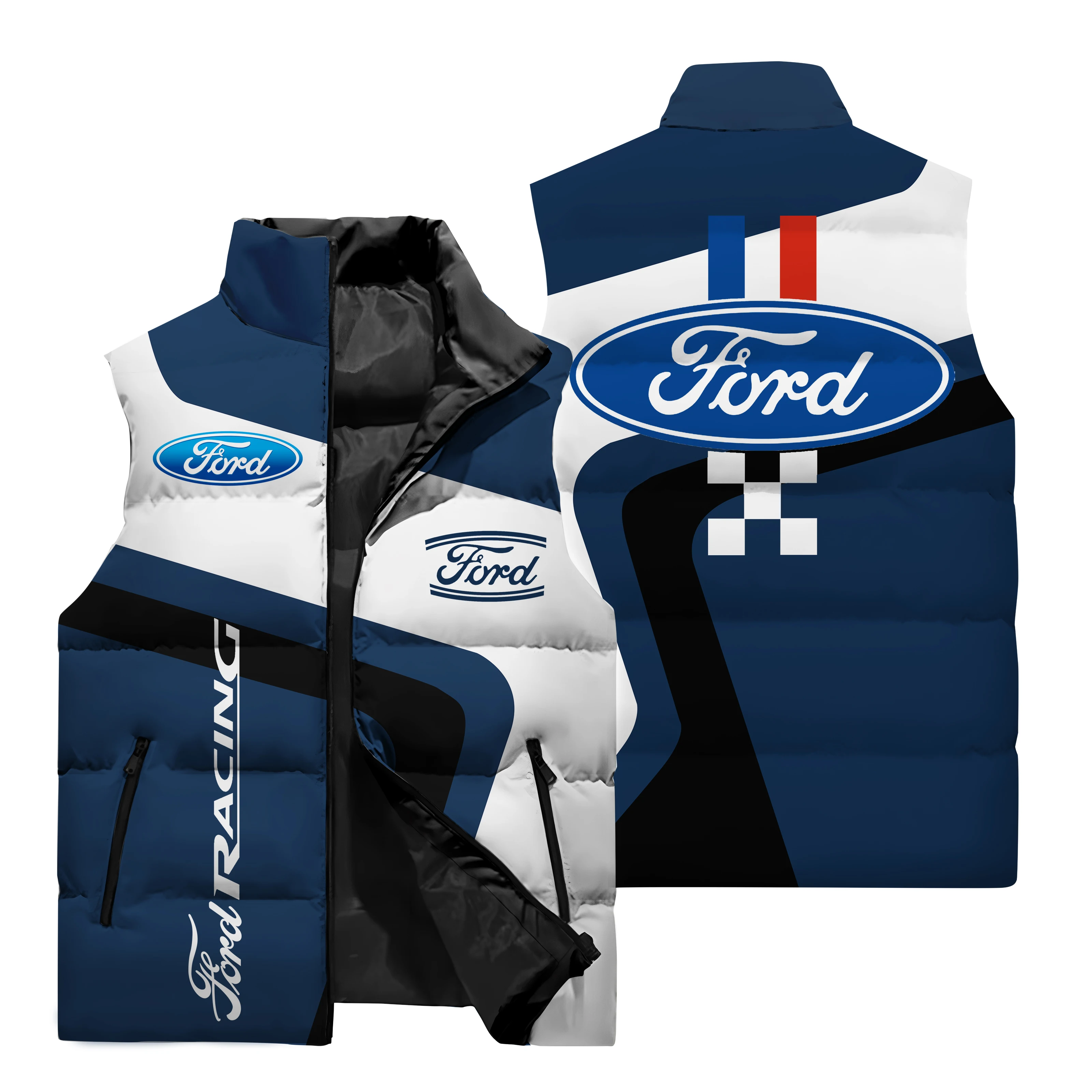 thumbnail image 5 of Chaqueta sin mangas con estampado de coche clásico en 3D para hombre, chaleco deportivo para exteriores, todoterreno, tendencia urbana, chaqueta con cuello alto y bolsillo con cremallera, 5 of 5