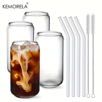 Bicchieri tazza con cannuccia di vetro Set da 4 pezzi a forma di lattina per birra caffè ghiacciato whisky Soda Tea Water con 2 spazzole per la pulizia 1