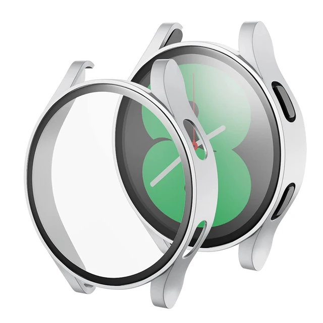 Hard PC +Matte Case With Tempered Glass Screen Protector Compatible for Samsung Galaxy Watch 4 40mm 44mm Silver