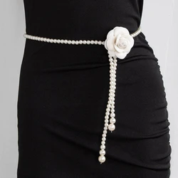 Camellia Waist Belt For Dress Pearl Waist Chain Belt Sash Belt Chain Flower Waist Chain Women Belly Chain For Jeans