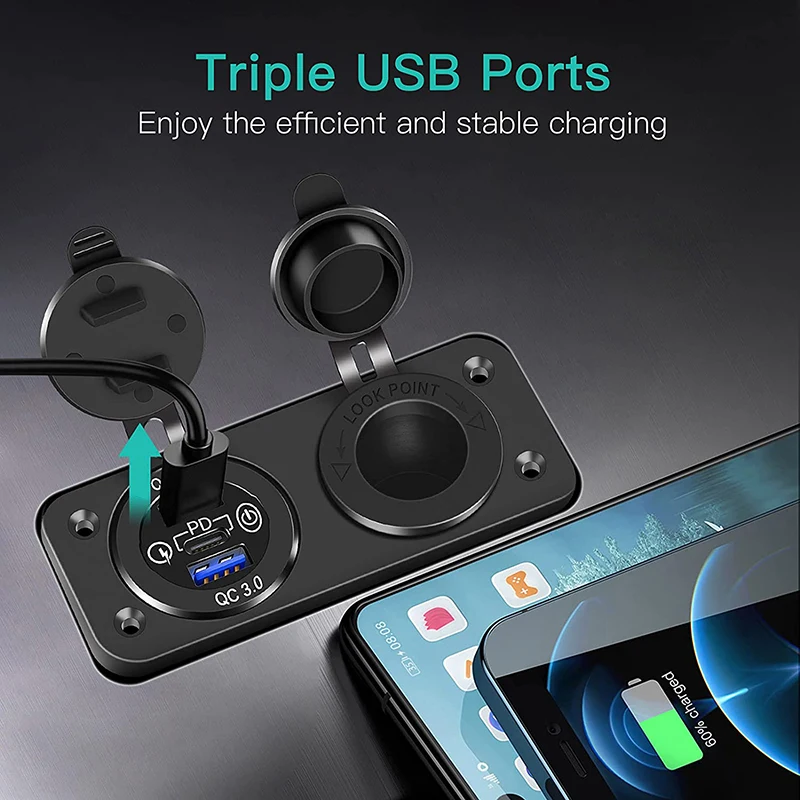 Presa Accendisigari Marina 12V Con USB C E QC3.0, Voltmetro LED, Interruttore ON/OFF, Impermeabile IP66, Per Auto, Camper, Moto, Barca - 5