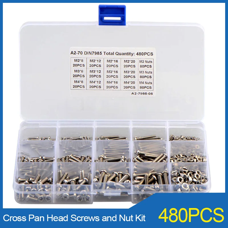 

480PCS M2 M3 M4 GB818 Cross Pan Head Screw with Hexagon Nut Washers Assortment Kit 304 Stainless Steel Phillips Screw Set