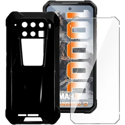Premium Tempered Glass & Clear Shockproof TPU Case Cover for Unihertz Tank3 (Glossy Black)