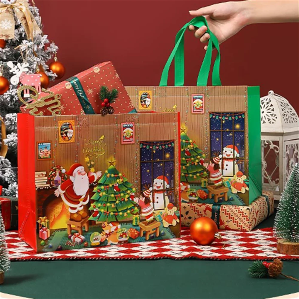 Merry Christmas Non-woven Gift Bag Snowman Xmas Tree Pattern Tote Handle Bag Gift Packaging Waterproof Storage Pouch