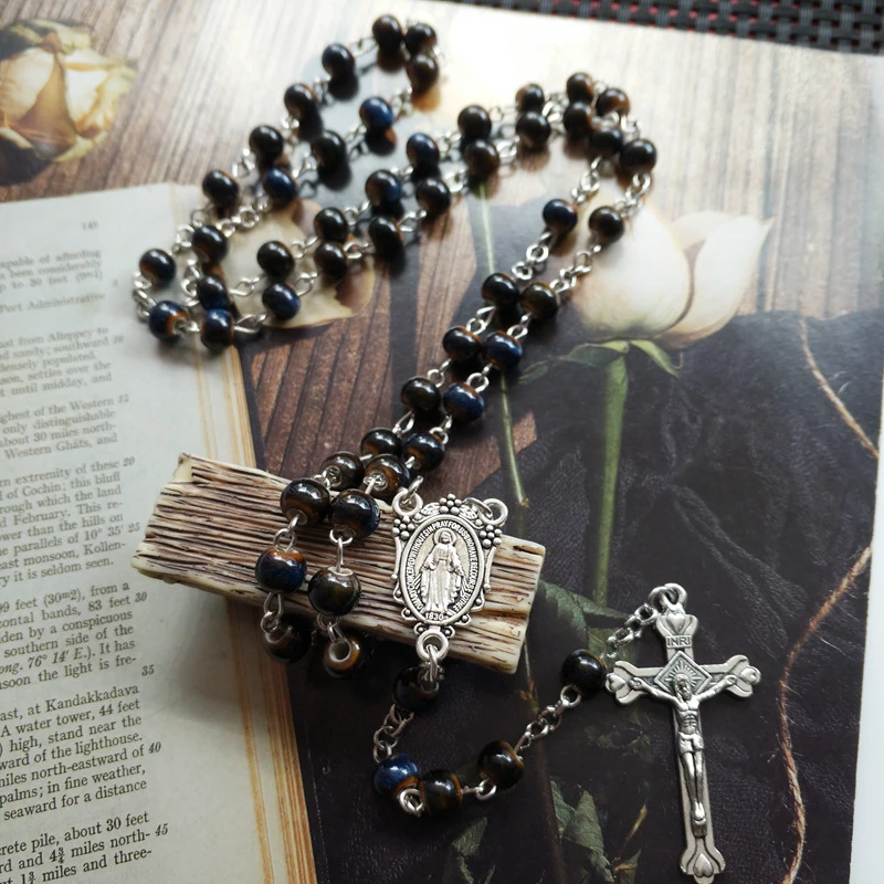 Cotvott Rosario Católico de cerámica azul oscuro para hombre y cadena de cuentas, collar con colgante de cruz de Jesús y María, joyería| | AliExpress