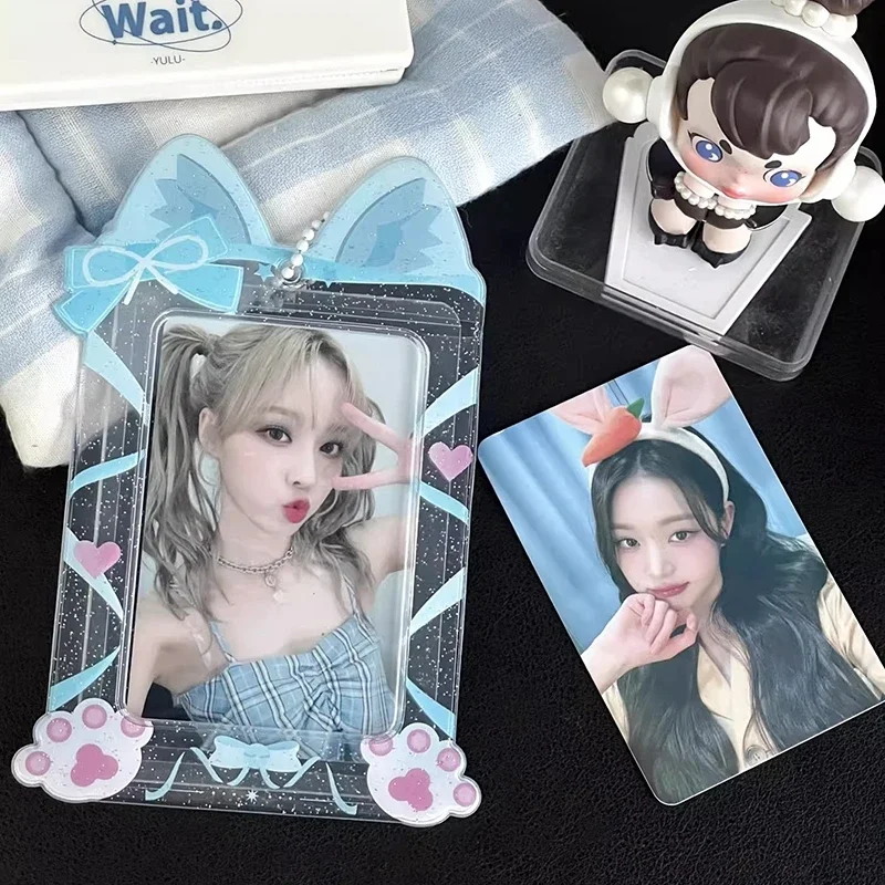 Bow Cute Cat Paw Photocard Holder Glitter Transparent 3 Inch Idol Photo Card Sleeves Student Id Bus Card Case Keychain Pendant