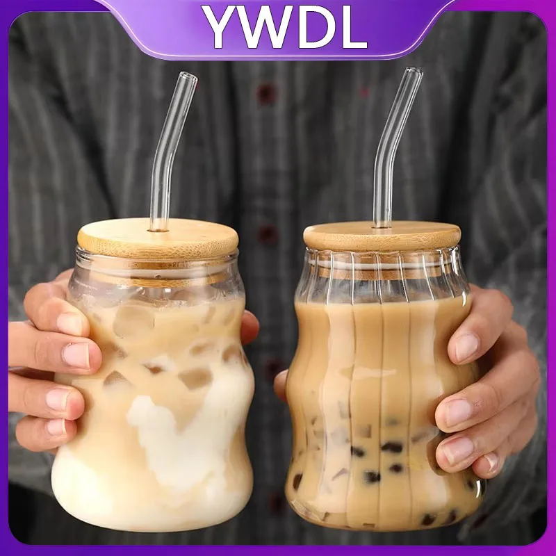 Glass Tumblers Cups 1/2pcs 500ml With Straw Mason Jar Clear Juice Coffee Milk Bamboo Lids Drinkware