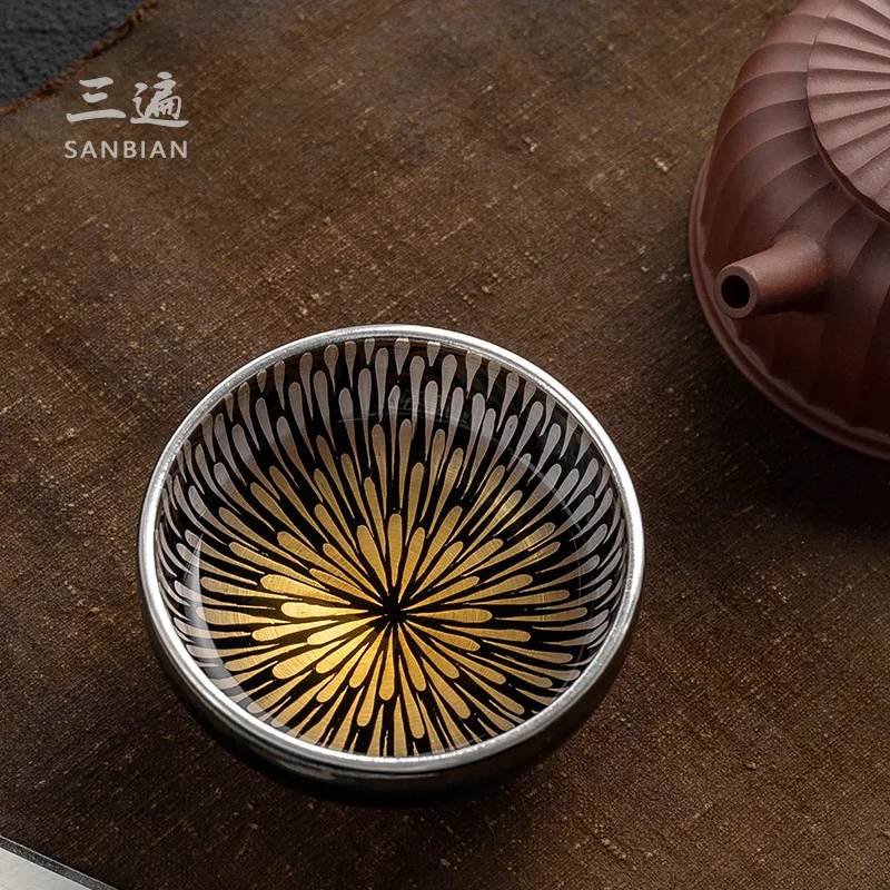 

Знаменитый суп Jianyang Jianzhan три раза с картой долголетия Серебряная позолоченная Золотая черная глазурованная чашка мастер кунг-фу Тяньму т