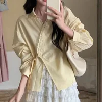 Français rétro dentelle Patchwork col en v chemises femmes mode irrégulière pansement à manches longues chemise femme Design coréen chemisier blanc 3