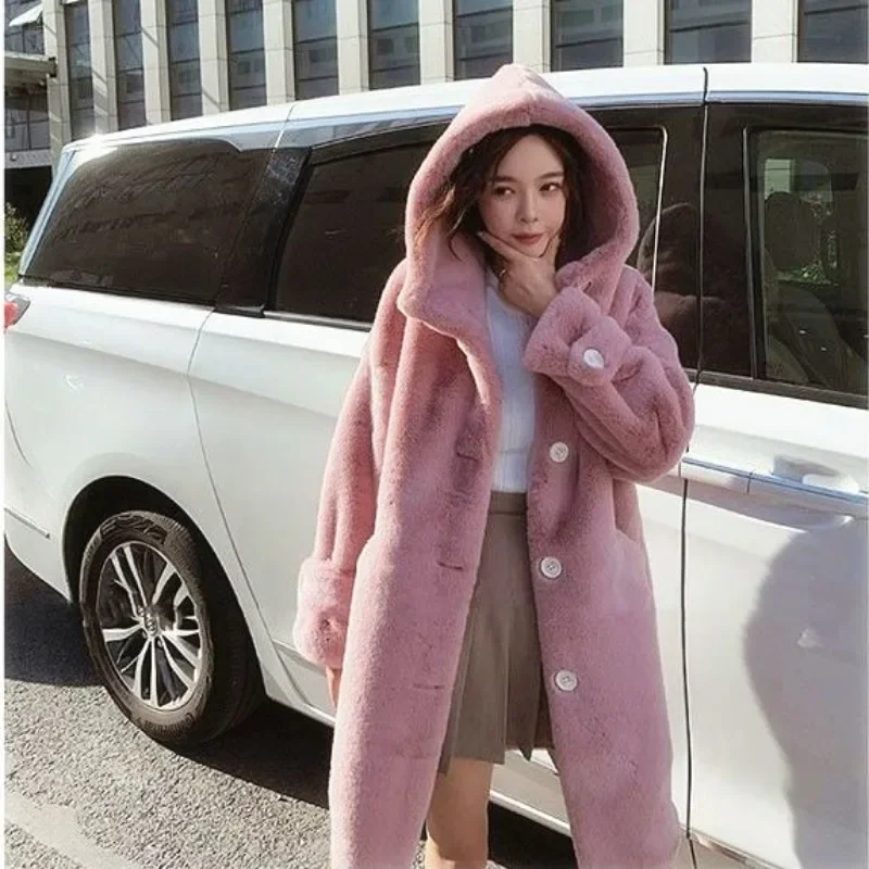 2023 Autumn New Imitation Mink Coat Women's Hooded Mid Long Loose Thickened Mink Leather Fashion High Grade Comfortable Fur Coat