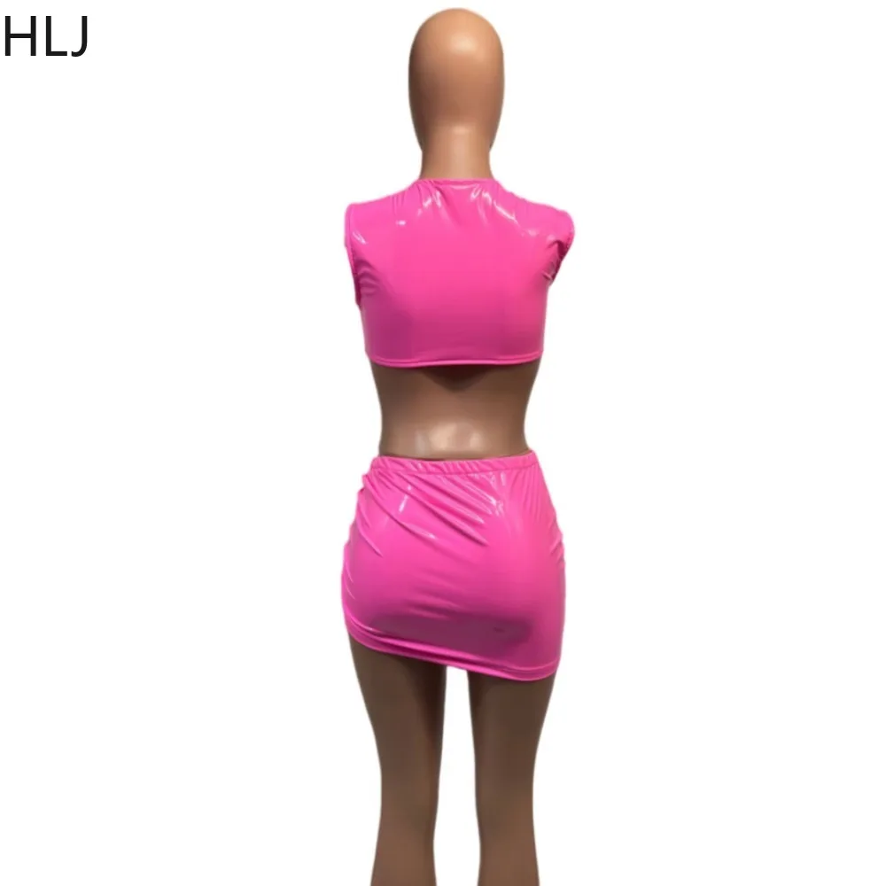 HLJ Pink Sexy PU Leather Drawstring Mini Skirts Two Piece Sets Women Deep V Sleeveless Crop Top And Skirt Nightclub 2pcs Outfits
