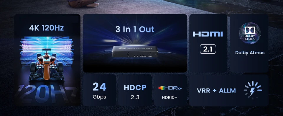 HDMI 2.1 Switcher 8K 60Hz 4K120Hz HDMI-compatible Switch 3 in 1 Out with Remote