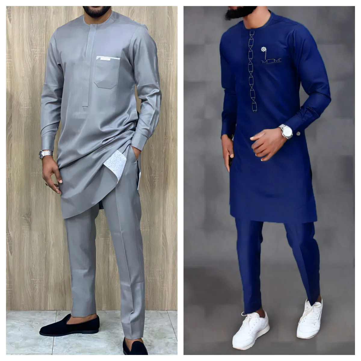 2Pcs Outfits African Mens Sets Outfit Long Sleeves Round Neck Embroidered Casual Shirts Sweatpants Wedding Party Festival Suits