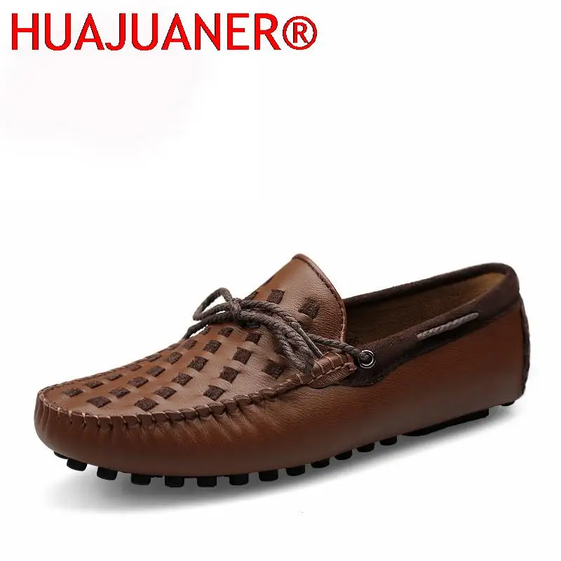 

New Italian Summer Weave Shoes Men Casual Luxury Brand Mens Leather Loafers Male Breathable Boat Shoes Slip On Driving Moccasins