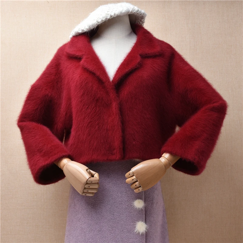

04 Ladies Women Fall Winter Clothing Red Hairy Mink Cashmere Knitted Short Style Cropped Top Loose Cardigans Jacket Sweater Coat