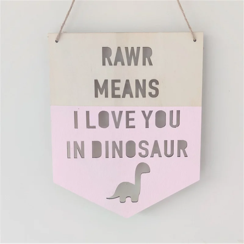 Wall Stickers Children Room Decoration 1pcs Nordic Wooden Dinosaur Positive Slogan Banner Garland Wood Chip Wall Hanging Baby Kids Room Decoration Ornament Photo Props