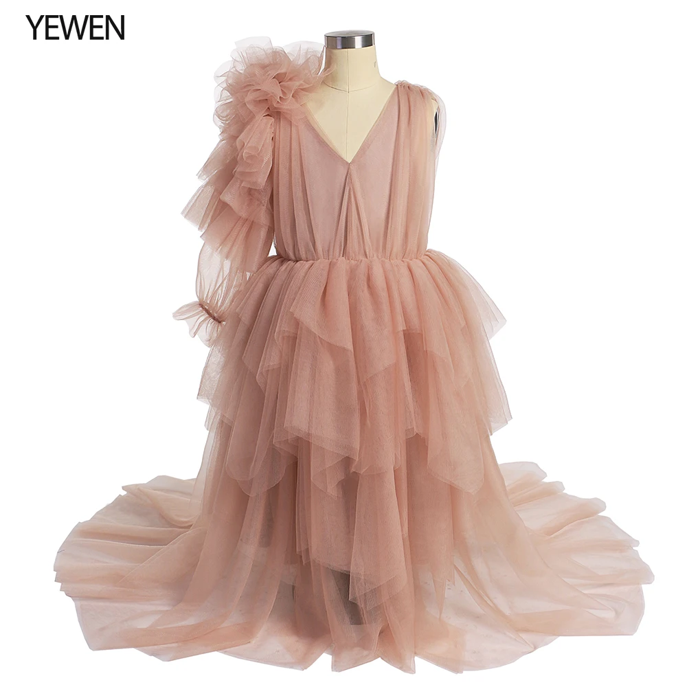 

2021 One Shoulder Full Sleeves Flower Girl Dresses First Communion Dresses for Girls Soft Tulle Dress Princess Party Dress