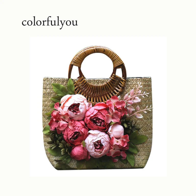

Fahion vintage female flowers straw handbag women Handmade leisure beach vacation package original larger capacity beach bags