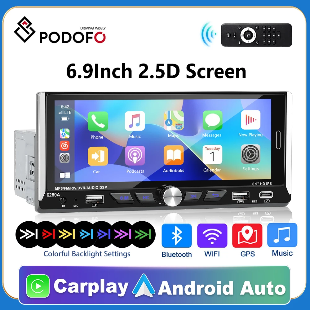 Podofo-Android-1-Din-GPS-Car-Stereo-Carplay-Radio-MP5-Player-6-9-with ...