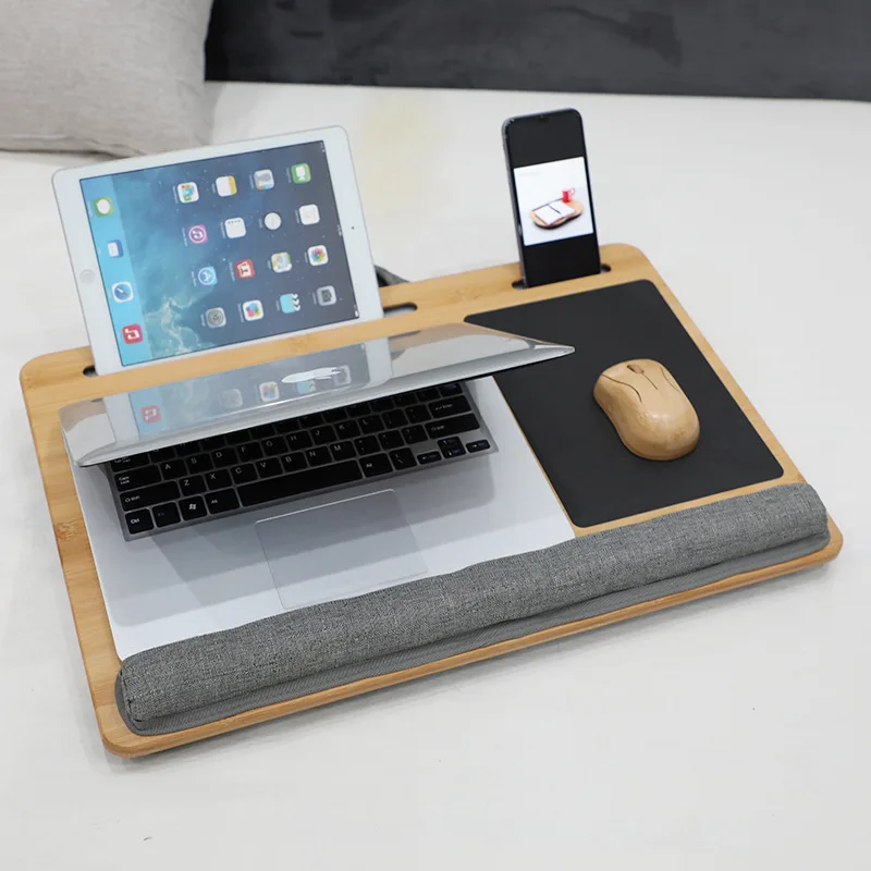 100% Natural Bamboo Platform Laptop Table with Phone Holder Mouse Pad Small Portable Notebook Desks Durable Wood Laptop Stand
