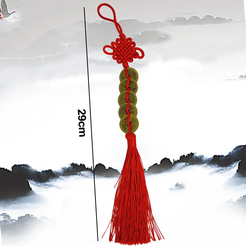 

Home Chinese Knot Hanging Decor Good Luck Hand Made Ornament Red 29cm Brass+cotton Rope Car Hanging Copper Coin