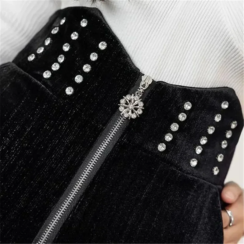 Winter Velvet Shorts Women Shiny Rhinestone Shorts Irregular High Waist Front Zipper Short Trouser Women Black Plus Size Shorts