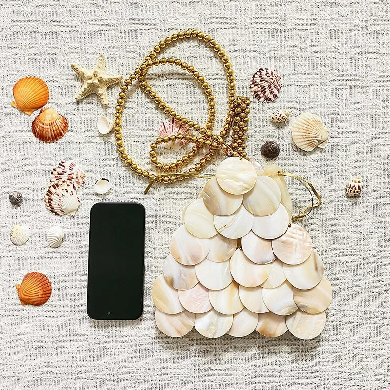 2025 new women sequins hand-woven beaded shell bag luxury fashion natural crumb party elegant handbag vacation beach bucket bag