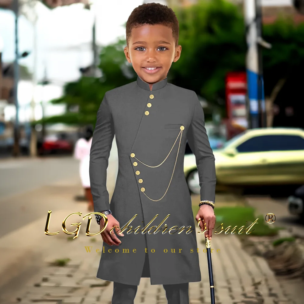 Children aged 3~16 years old, African style single-row gold button jacket and trousers 2-piece long suit