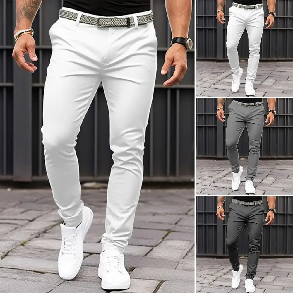 

Облегающие Костюмные брюки, мужские облегающие однотонные Костюмные брюки со средней посадкой и косыми карманами на молнии, деловая одежда для работы