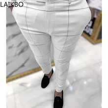 

2021 New Fashion Plaid Printed Pencil Pants For Mens Mid Waist Button Trouser Male Formal Summer Casual Long Pant Streetwear