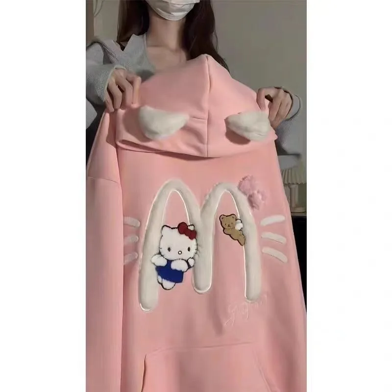 

Kawaii Sanrio Anime Hello Kitty Dacron Hoodie Cute Cartoon Flocking Hooded Embroidery Versatile Lovely Loose Casual Sweet Girls