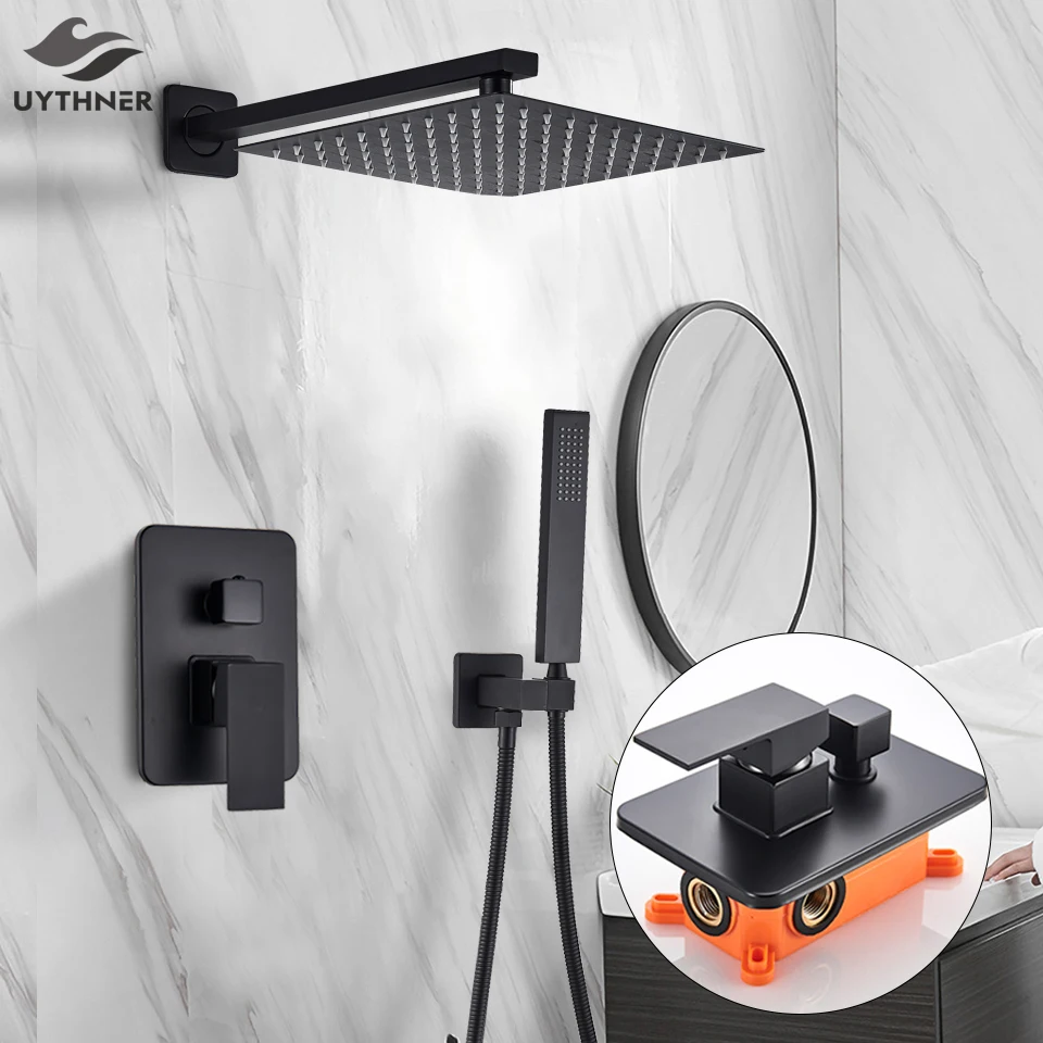 Black Bath Shower Set Wall Mounted Concealed Shower Faucet System Rainfall Bathroom Mixer Bathtub Tap with Hand Sprayer bathroom shower faucet set