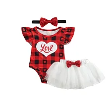 

3Pcs Summer Baby Girls Casual Outfits Love Letter Print Short Sleeve Round Neck Plaid Bodysuit Tulle Skirts with Bow Headband