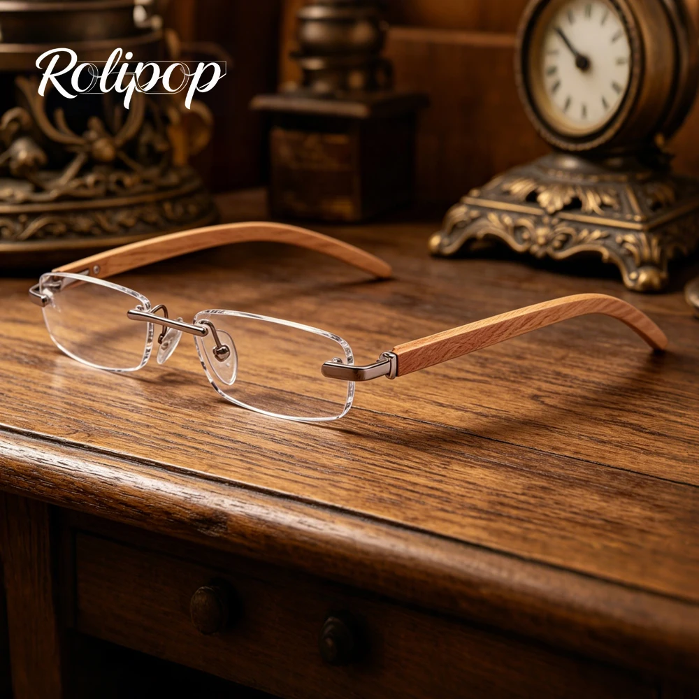 Rolipp Elegant Rimless Blue Light Blocking Reading Glasses with Wood Temples - Premium Eyewear Gift