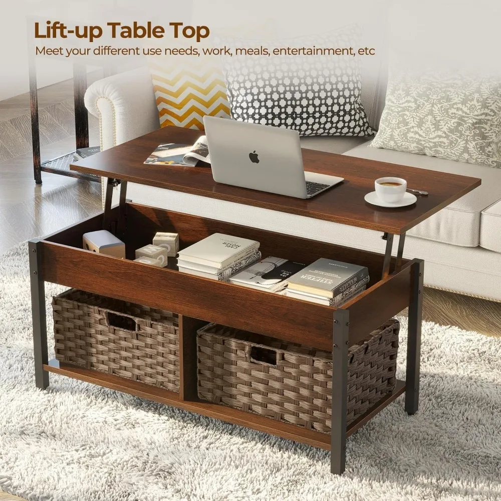Lift Top Coffee Table with Hidden Storage Compartment and Rattan Baskets,Retro Central Table with Wooden Lift Tabletop 4