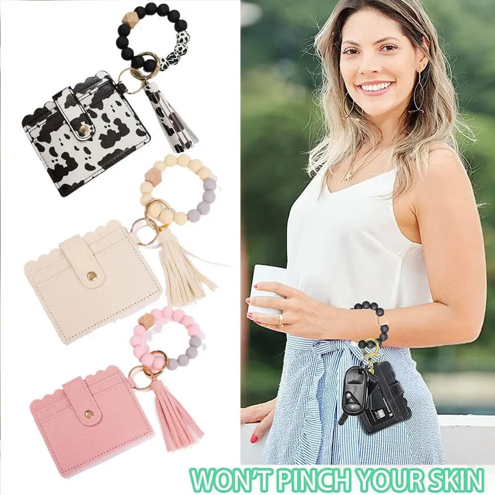 Leather Case Wristlet Silicone Beaded Bracelet Keychain Card Case