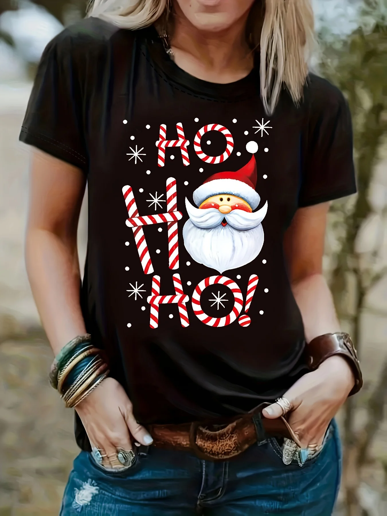 

Christmas Santa Claus Print T-shirt, Casual Short Sleeve Crew Neck Top, Women's Clothing