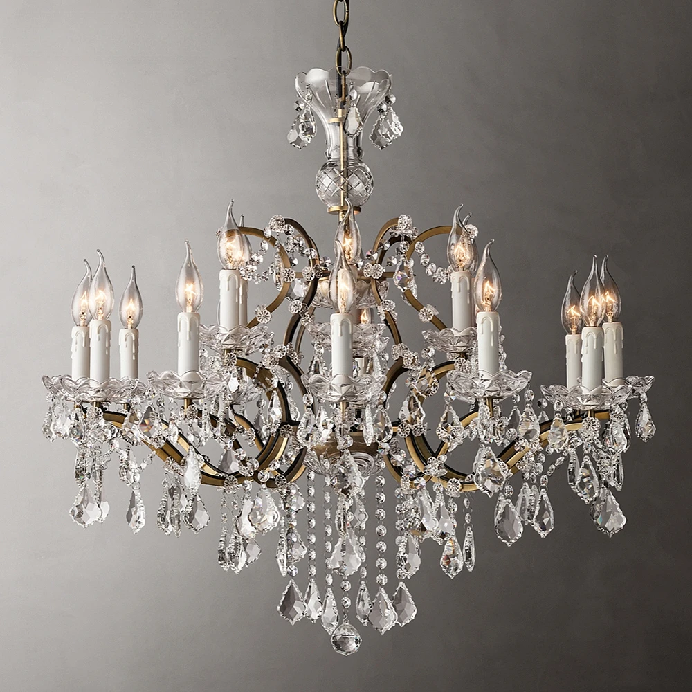 19th C. Rococo Iron & Crystal Round Chandelier LED Brass Candle Chandelier Lights Raindrop Crystal Chandeliers for Living Room