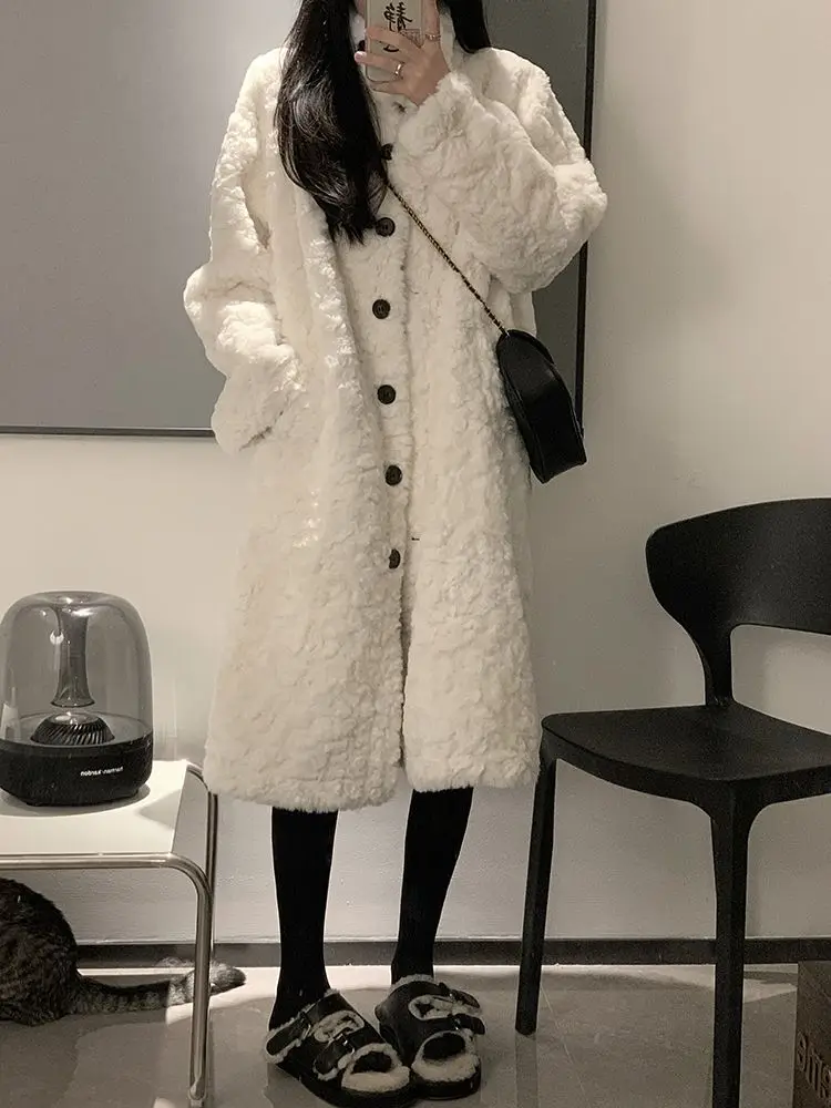 Winter Lambswool Coat Women Warm Faux Fur Jacket Thick Mid-length Fluffy Jacket Luxury Stand Collar Long Sleeve Overcoat Korean