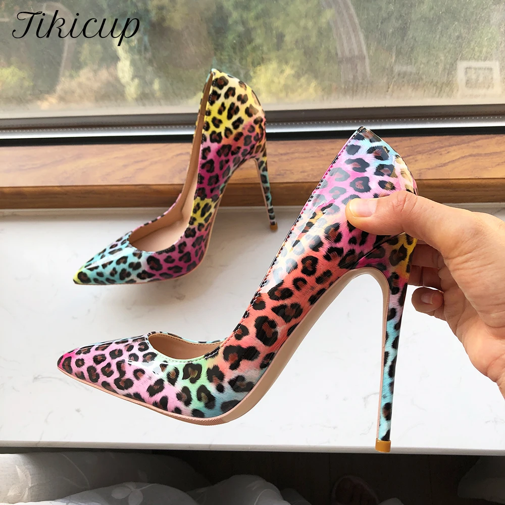 Women Heels Leopard Patent Leather Pumps Pointed Toe Stiletto Ultra High Heel Sexy Ladies Party Shoes Black Leopard 12cm / 10