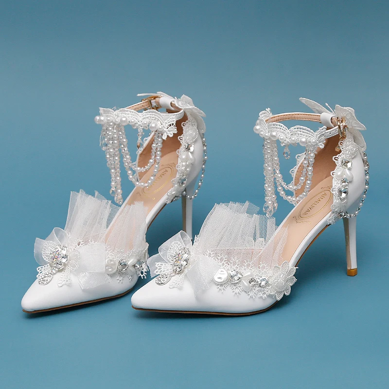 

White Lace Lolita Style Crystal Rhinestone Sandals Pointed Toe Ankle Strap Bowknot Pearl Bride Wedding Dress Stiletto High Heels