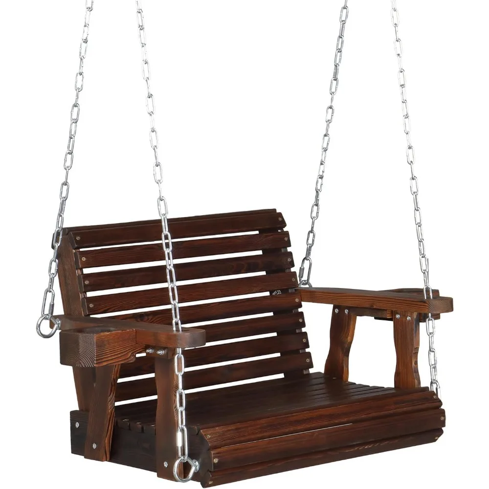 Person Wooden Patio Porch Swing with Extra Cup Holder for Adults & Kids, Outdoor Single Porch Swing